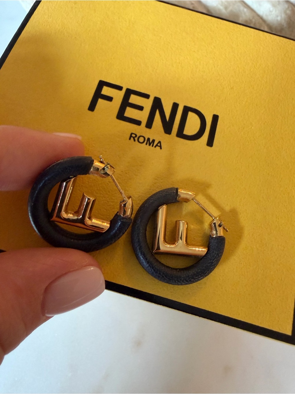 Fendi Black and Gold Leather-Wrapped Logo Hoop Earrings